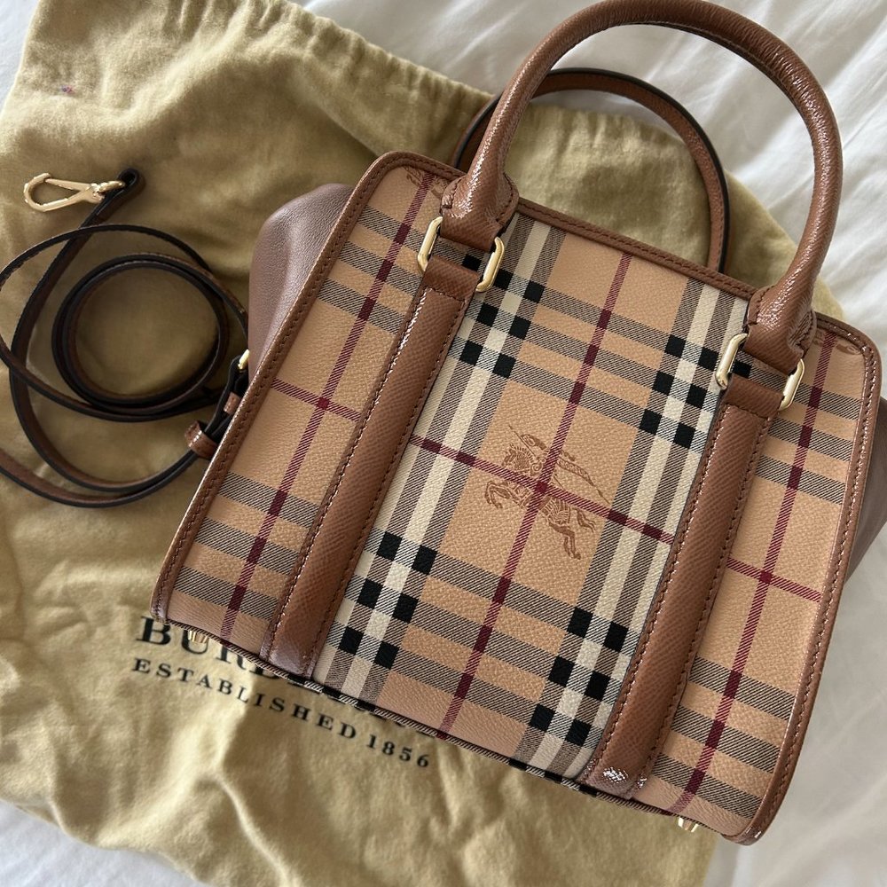Authentic Burberry Small Haymarket Patent Dinton Tote